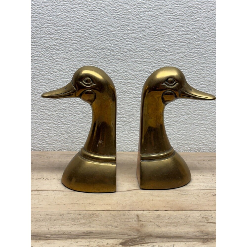 Vtg 1950 Leonard Silver MFG Co. Set Of 2 Solid Brass Mallard Duck Head Bookends